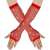 JOMOCARE Long Fishnet Fingerless Gloves 80’s Theme Party with Rhinestones Mesh Gloves for Women Girls Cosplay, Performance.