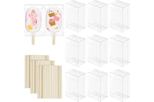 SINGOMON 50PCS Clear Gift Box and Wooden Sticks Popsicle Box Ice Cream Shaped Candy Boxes Plastic Box for Party Decorations