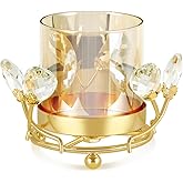 YIUTOYILY Hurricane Candle Holder, Gold Pillar with Crystal Accents & Windproof Glass Lid - Elegant Centerpiece for Weddings, Dinners, Party Decor