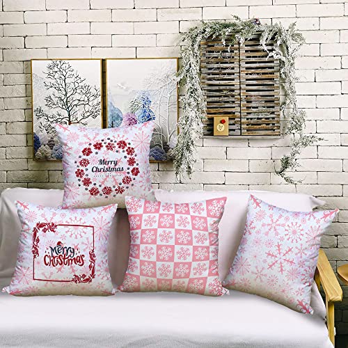 HELERKOL Set of 4 Pink Christmas Throw Pillow Covers 18x18 inch Snowflake Pillow Covers Winter Holiday Couch Sofa Cushion Covers Pillow Case