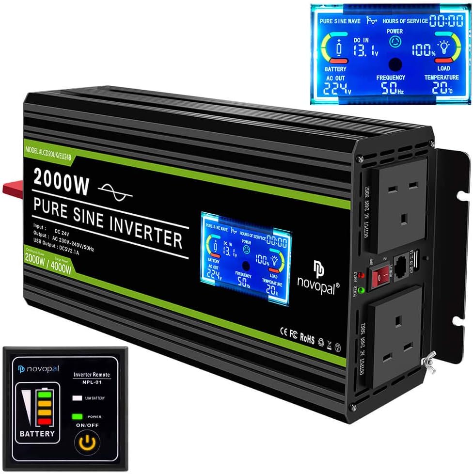 NOVOPAL 2000W Pure Sine Wave Inverter 24V to 230V 240V Car Power Converter with LCD Display