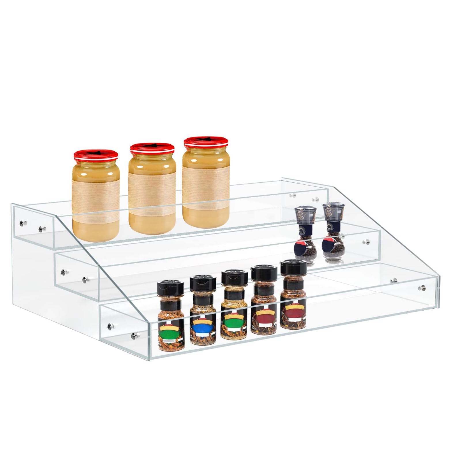Photo 1 of PMMASTO Widen Tiered Spice Rack, Seasoning Organizer, Clear Acrylic Vertical Shelves Can Organizer for Countertop, Cabinet, Pantry, Kitchen Organization and Storage - 3 Tier
