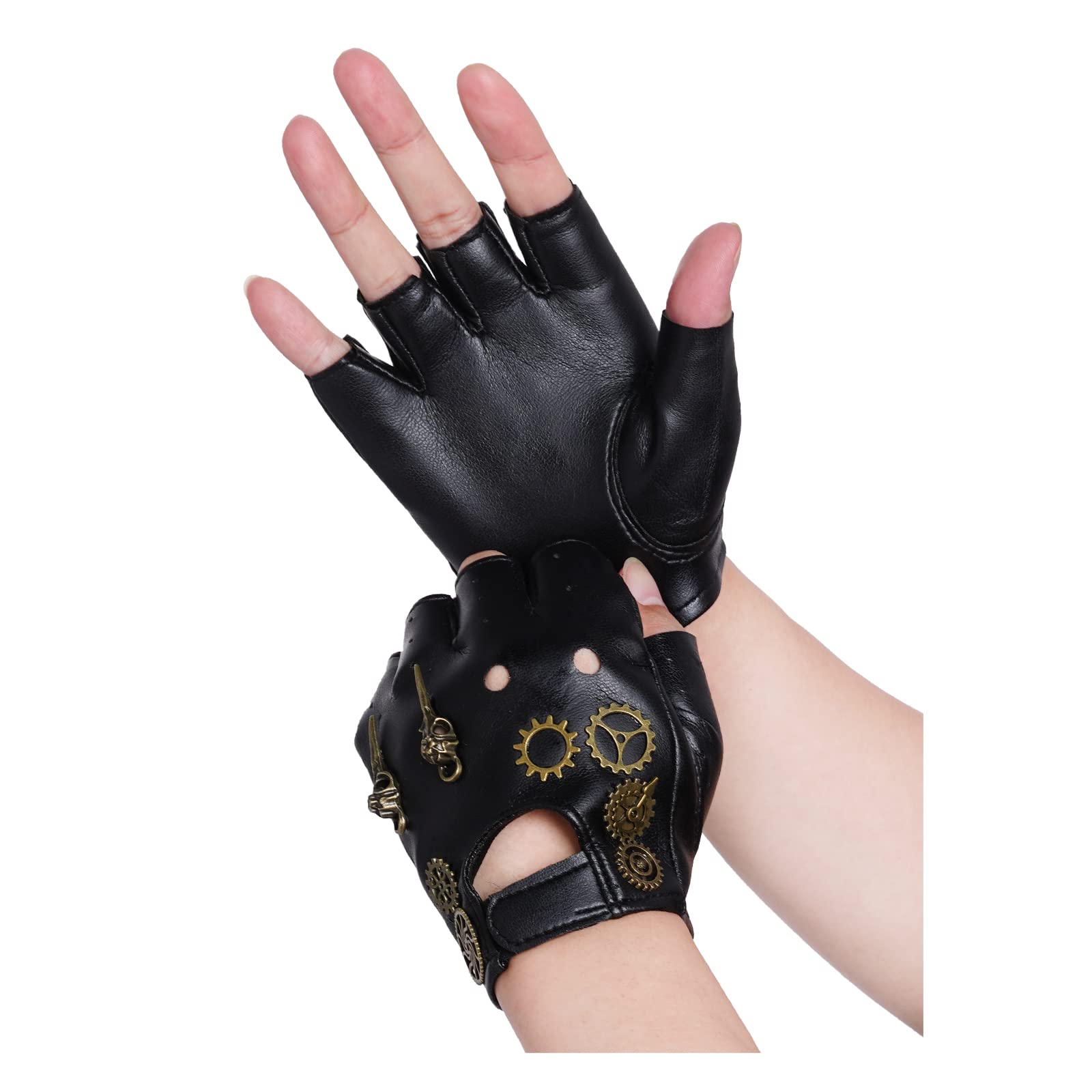 Photo 1 of Fumwase Steampunk Gloves PU Leather Gothic Vintage Gloves Fingerless Mittens Heavy Metal with Gears Rocker for Halloween Cosplay Dress Up Role Play Costume Performance Accessories