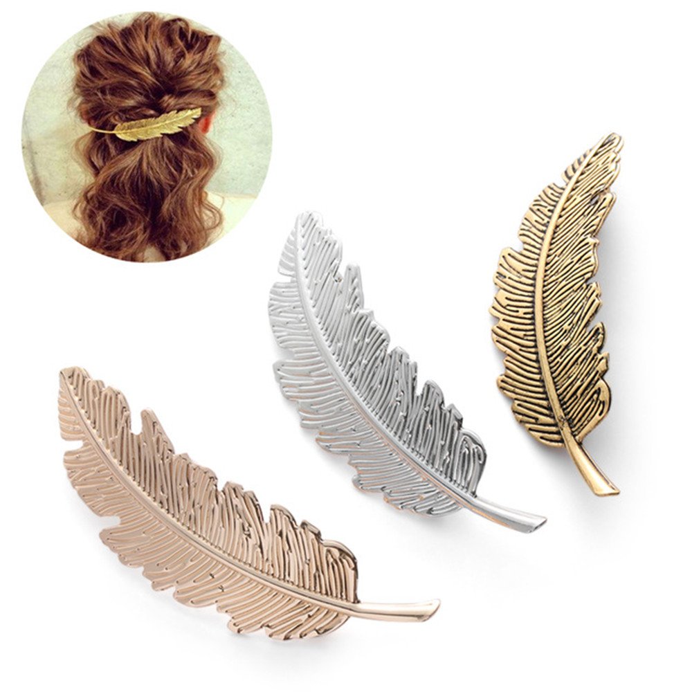 Feather Hair Clips, 3Pcs Leaf Shaped Silver Shiny Clips Pin Claw Hair Accessories for Women Girls(Golden+Silver+Bronze)