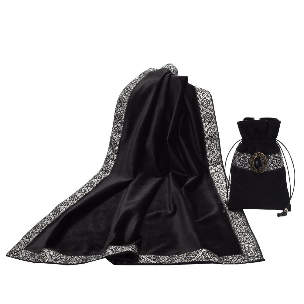BLESSUME Tarot Table Cloth Divination Wicca Velvet Altar Cloth with Tarot Pouch, One Size (Black)