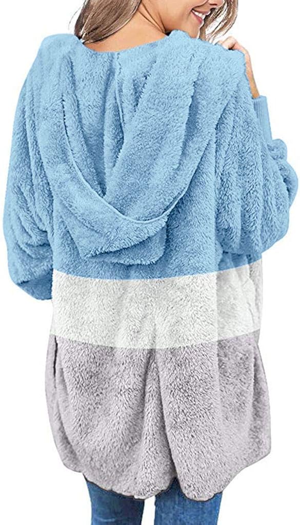GREFER-Women Warm Winter Fleece Fuzzy Faux Shaggy Overcoat Lightweight Open Front Hooded Cardigans