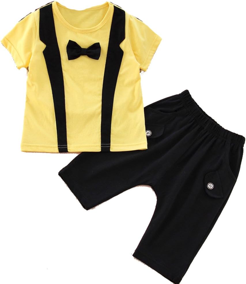 Little Boys Formal Wear England Summer Outfit Shirt BowTie Shorts Yellow 12m -4t