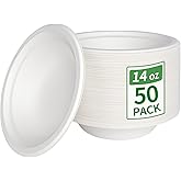 Aricsen Compostable 14 Ounce 50 Pack Disposable Round Paper Bowls, PFAS-Free, Eco-Friendly, Biodegradable Bagasse For Hot Soup Food Salad Dinner Party (50, 14 OZ)
