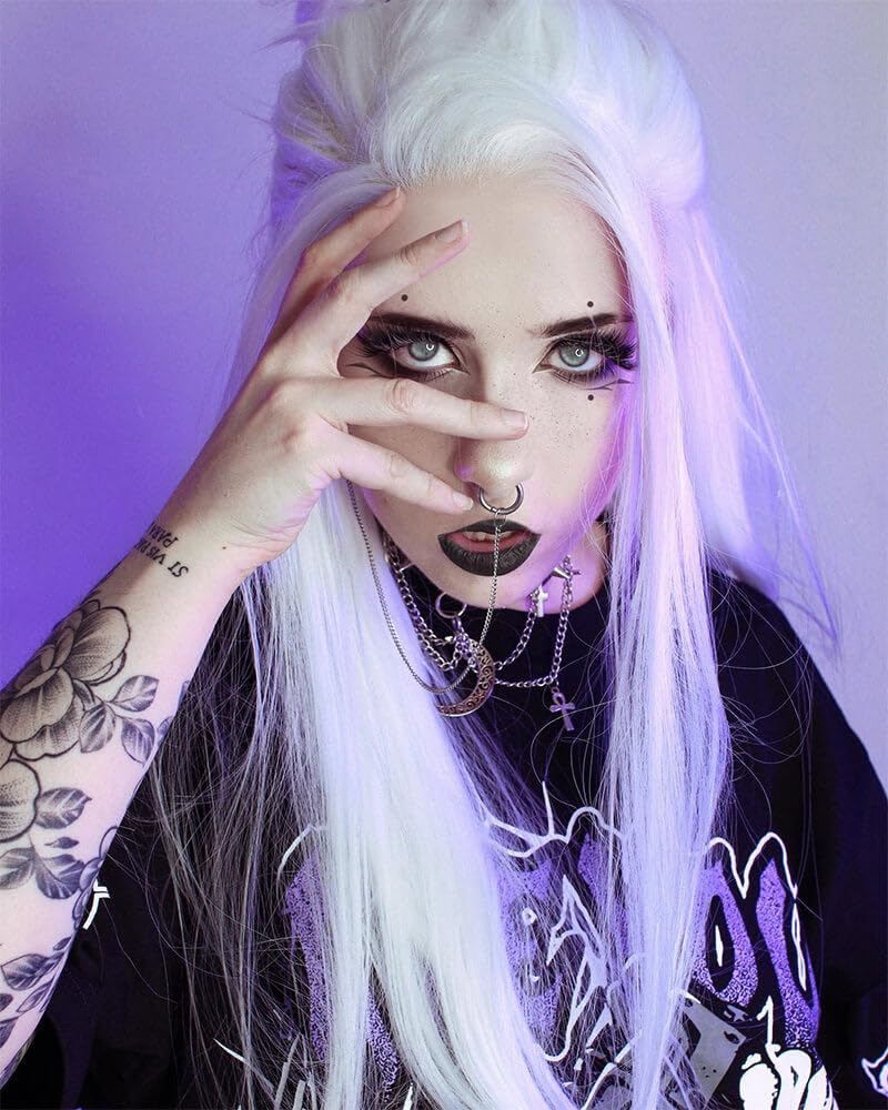 Xiweiya Snow White Color Long Silky Straight Wigs 1001# Straight Synthetic Lace Front Wig Heat Resistant Fiber Women Hair Wig Middle Parting Drag Queen Wig 22.5" Cap x 33.99" Hair Length