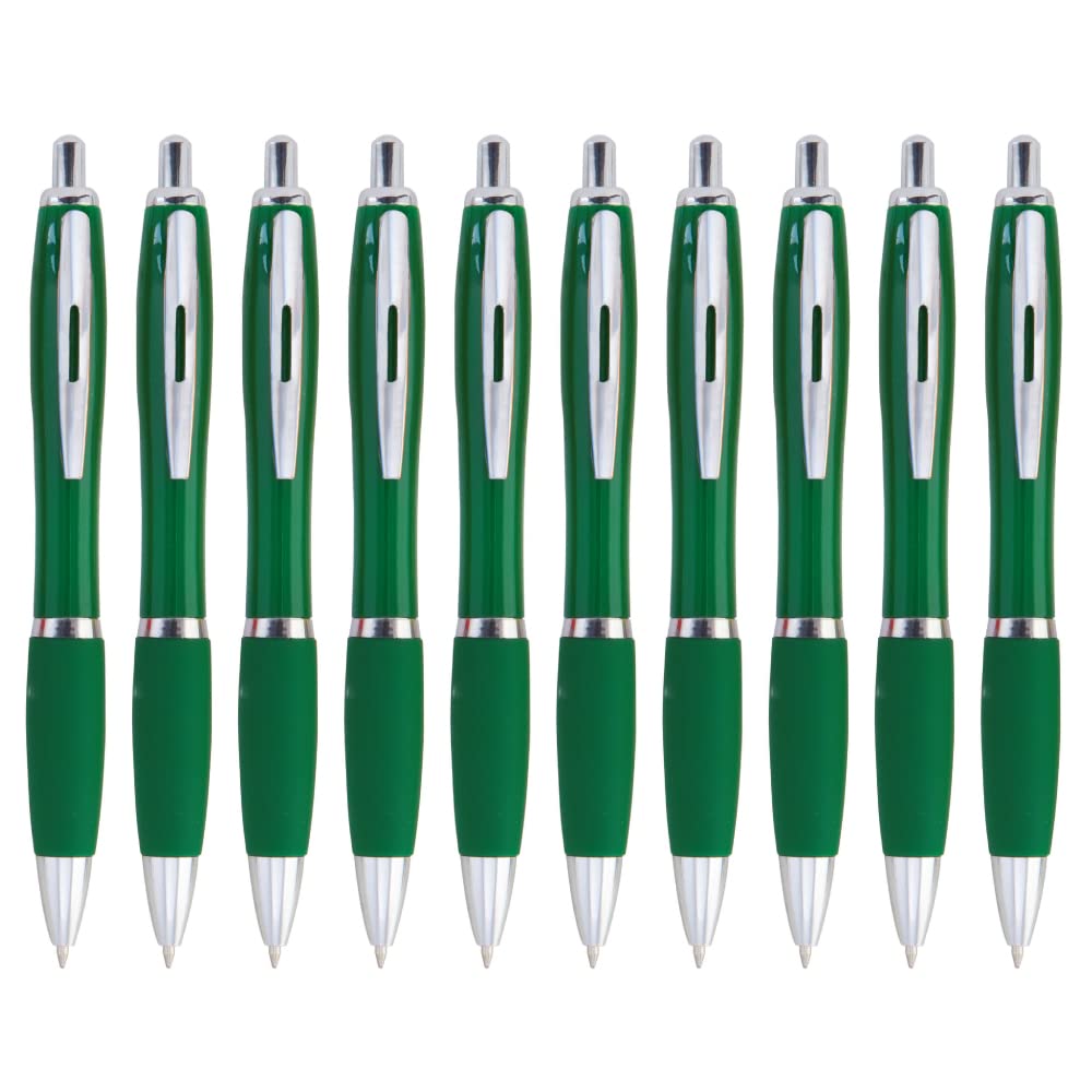 eBuyGB Pack of 10 Ballpoint Pens Blue Ink Retractable Push Button Pen, Green