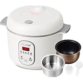 TLOG Low Carb Rice Cooker, 4-Cup Uncooked, 2L, 5 Presets, 24H Timer | 304 stainless steel steamer basket, automatic keep warm, low-sugar cooking, for rice, grains and everyday meal prep