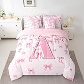 jejeloiu Girls Pink Bow Comforter Set with Sheets 7 Piece Twin Size Cute Bowknot Bedding Set for Kids Boys Girls Letter A Bed in a Bag Monogrammed Room Decor Coquette Bows Soft Lightweight Microfiber
