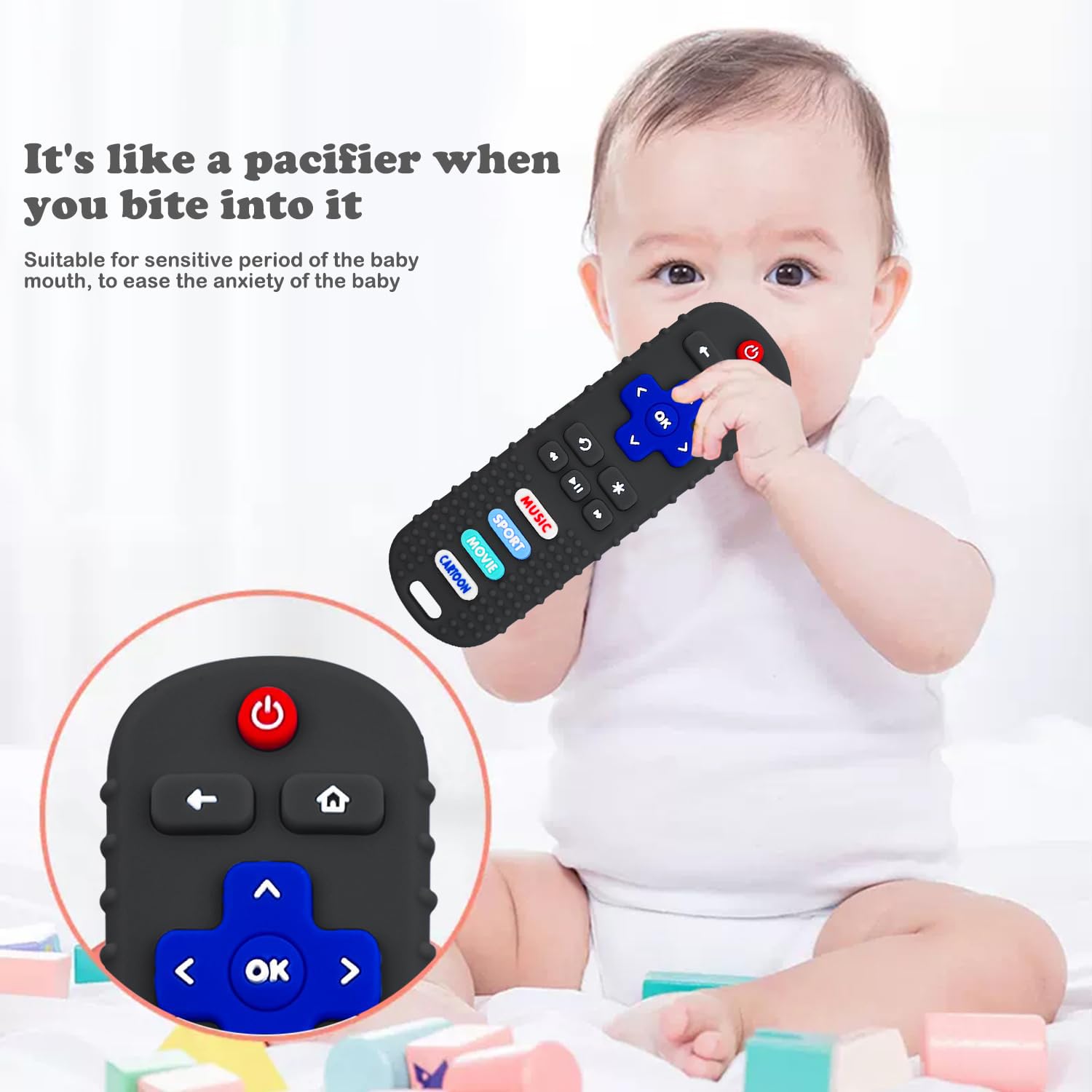 MACLUD 3 Pack Remote Control Shape Silicone Teethers for Babies Chew Toys, Teething Toys for Infant Toddlers,Baby Remote Control Toy (Black&Blue&Pink)