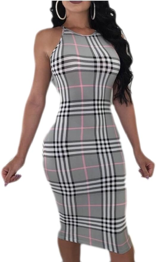 GAGA Womens Sexy Slim Fit Plaid Checkered Back Keyhole Halter Neck Bodycon Dress at Amazon Women 