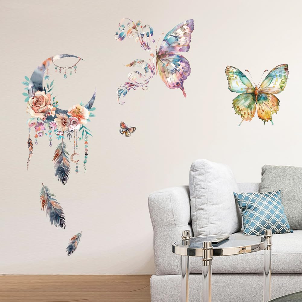 Peacoblue Butterfly and Dreamcatcher Wall Stickers Decals Decor Removable Peel and Stick, 2 Sheets 30cm×90cm Vinyl 3D Wall Mural for Bedroom Living Room Nursery Bathroom Classroom Playroom