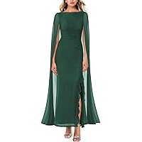 Elegant Chiffon Bridesmaid Dress With Long Sleeves & Pleated Cape | V-Neck A-Line Formal Evening Gown