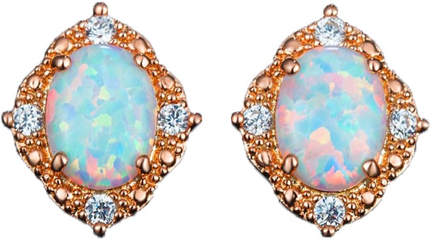 Rose Gold Stud Earrings - Opal Stud Earrings Oval Created Cubic Zirconia Stud Earrings for Women Girls
