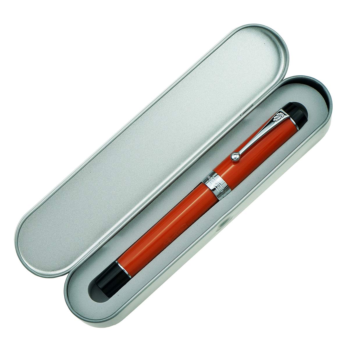 Jinhao 100 Classic Fountain Pen, Silver Trim Fine Nib, Orange Red Celluloid with Converter and Metal Pen Case Set