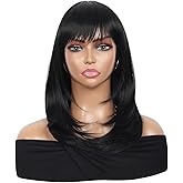 Kalyss Black Wig with Bangs Layered Wigs for Women Natural Looking Heat Resistant Synthetic Hair Wigs for Women Medium Long Straight Wig 18 Inches
