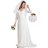 Ever-Pretty Women’s Fall Long Sleeve Lace V Neck Wedding Dress with Train Bridal Gown 01925-PH