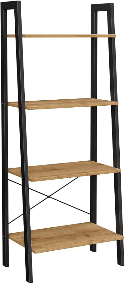 VASAGLE Ladder Shelf 4-Tier Bookcase Industrial Steel Frame Honey Brown Black