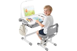 BIERUM Kids Desk and Chair Set - Height Adjustable 55° Tiltable Student Desk, Ergonomic Widened Desktop Table with Painting Mat, Bookstand and 3 Modes LED Lamps for Kids Ages 3-12, Gray