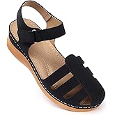 SHIBEVER Closed Toe Sandals Women: Summer Dressy Wedge Comfort Leather Sandal Black Walking Comfy Womens Sandals