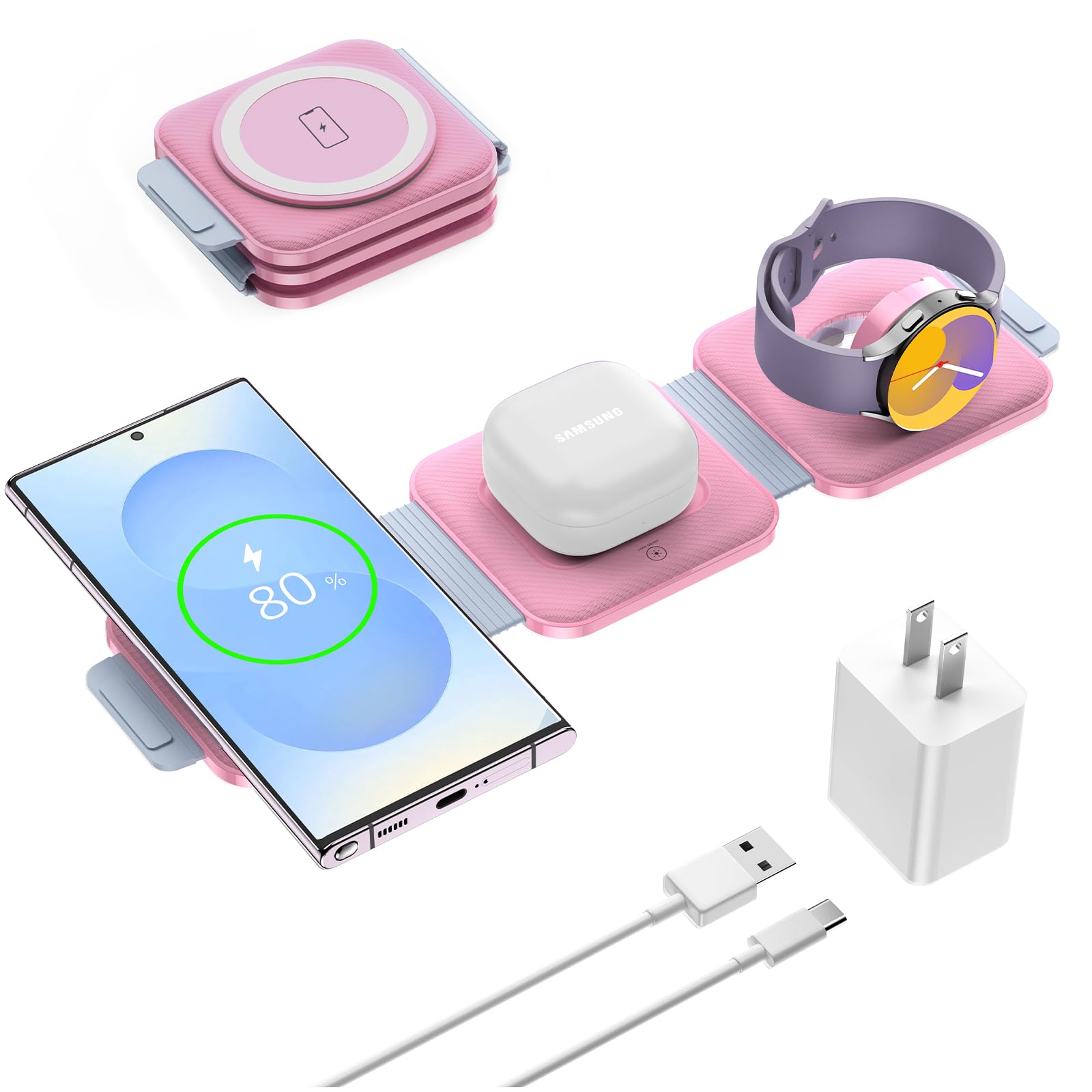 Photo 1 of Travel Charger for Samsung Multi Devices, Foldable 3 in 1 Wireless Charging Station Fast Charging Stand/Pad Compatible for Samsung Galaxy S25/S24/S23/S22/S21/Note20 Galaxy Watch8/7/6/5/4/Galaxy Buds4