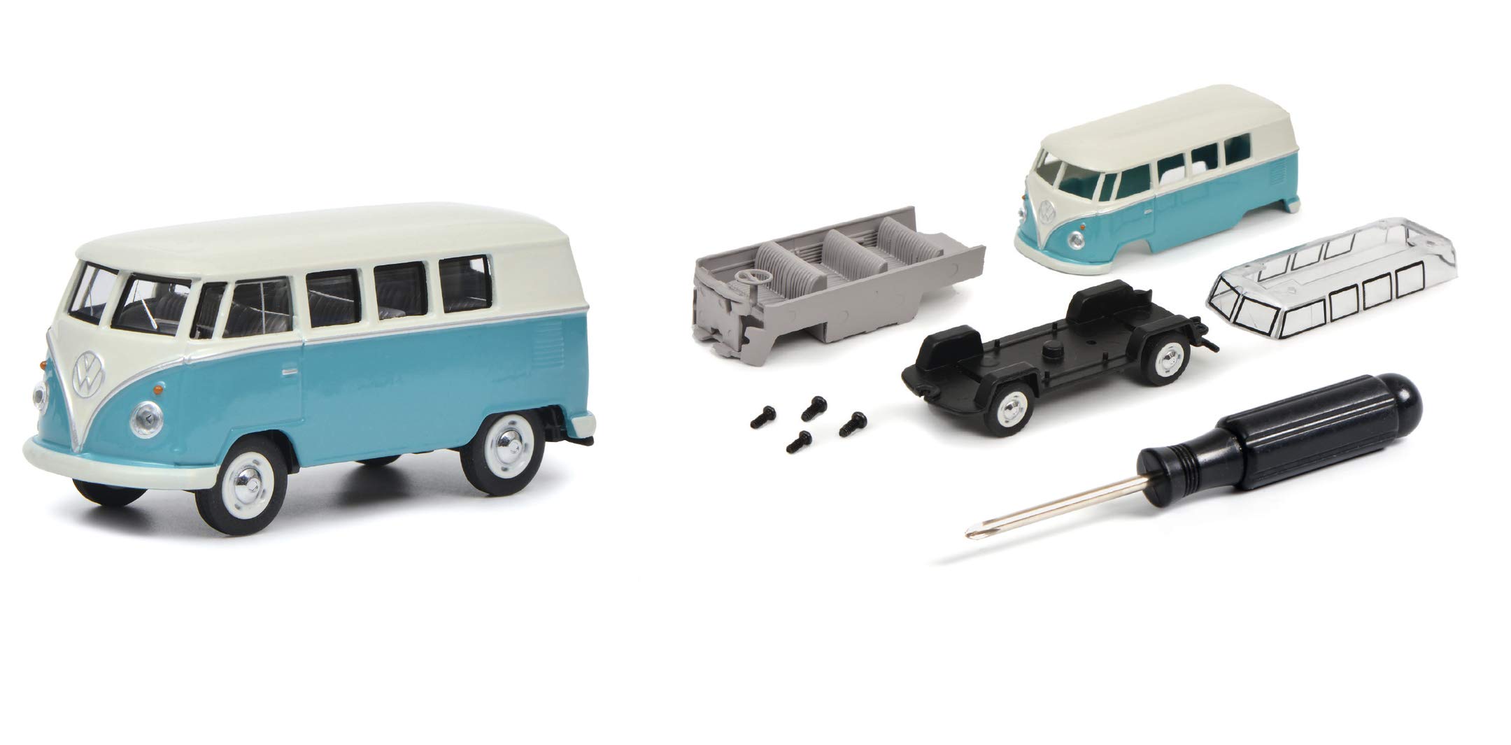 Schuco 452020000 Assembly Kit VW T1 Bus, Screwdriver, 4 Bolts, Chassis Including Axles, Bodywork, Window Part, Interior, Model Car, 1:64, White/Turquoise, Blue