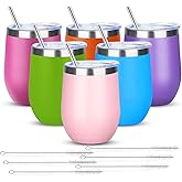 12oz/6 Pack Wine Tumbler Glasses with Lid Stemless Double Wall Vacuum Stainless Steel Travel Tumbler Keeping Cold & Hot for Wine,Coffee,Cocktails,Christmas Drinks-Family and Gifts (Multi color-bright)