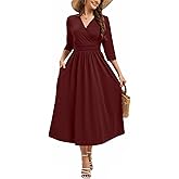 DinyIn Elegant Dress for Women Summer V-Neck Wrap 3/4 Sleeve A-Line Work Cocktail Party Sunshine Midi Dresses with Pockets