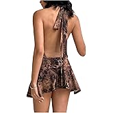 MakeMeChic Women's Summer Cheetah Print Halter Mini Dress Backless Sleeveless Y2k Short Dresses