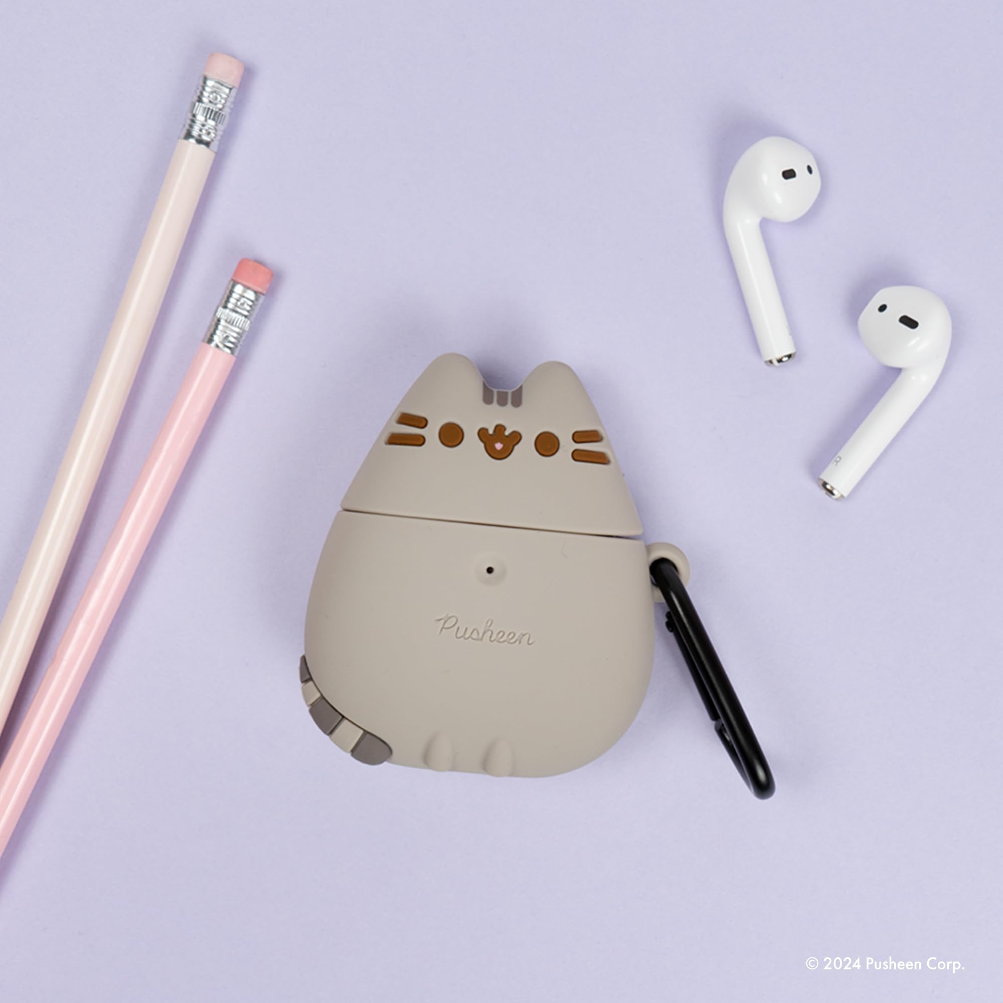 iFace x Pusheen Cute Silicone Protective Cover Designed for AirPods 1/2 Case [Carabiner Clip Included] [Wireless Charging Compatible] - Standing