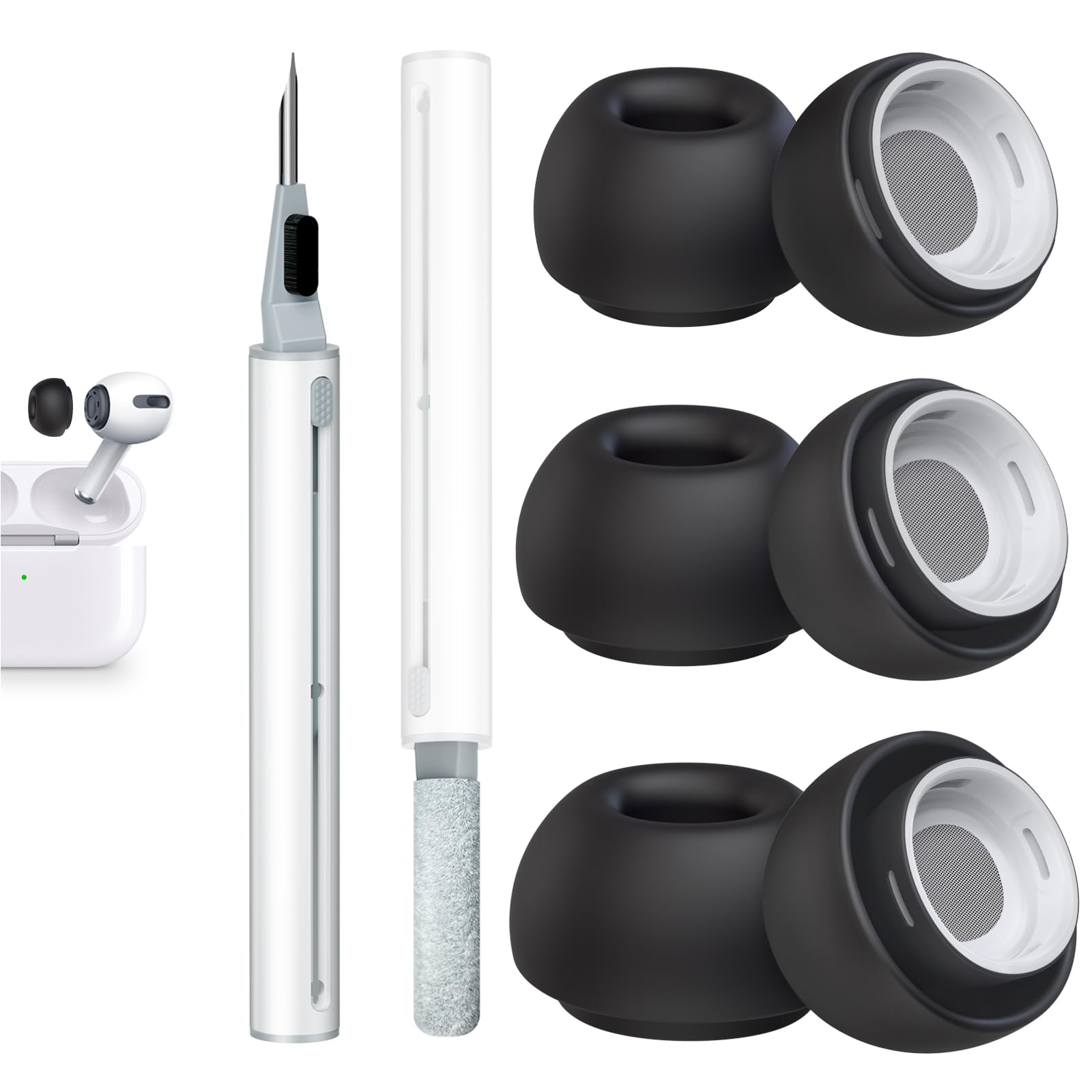 Replacement Ear Tips for AirPods Pro 1st and 2nd Generation with Noise Reduction Hole, 3 in 1 Cleaner Kit for AirPods, Silicone Ear Tips for AirPods Pro (S/M/L, Black)