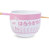 Silver Buffalo Sanrio Hello Kitty Pink Stripes Ceramic Ramen Bowl with Chopsticks, 20 Ounces