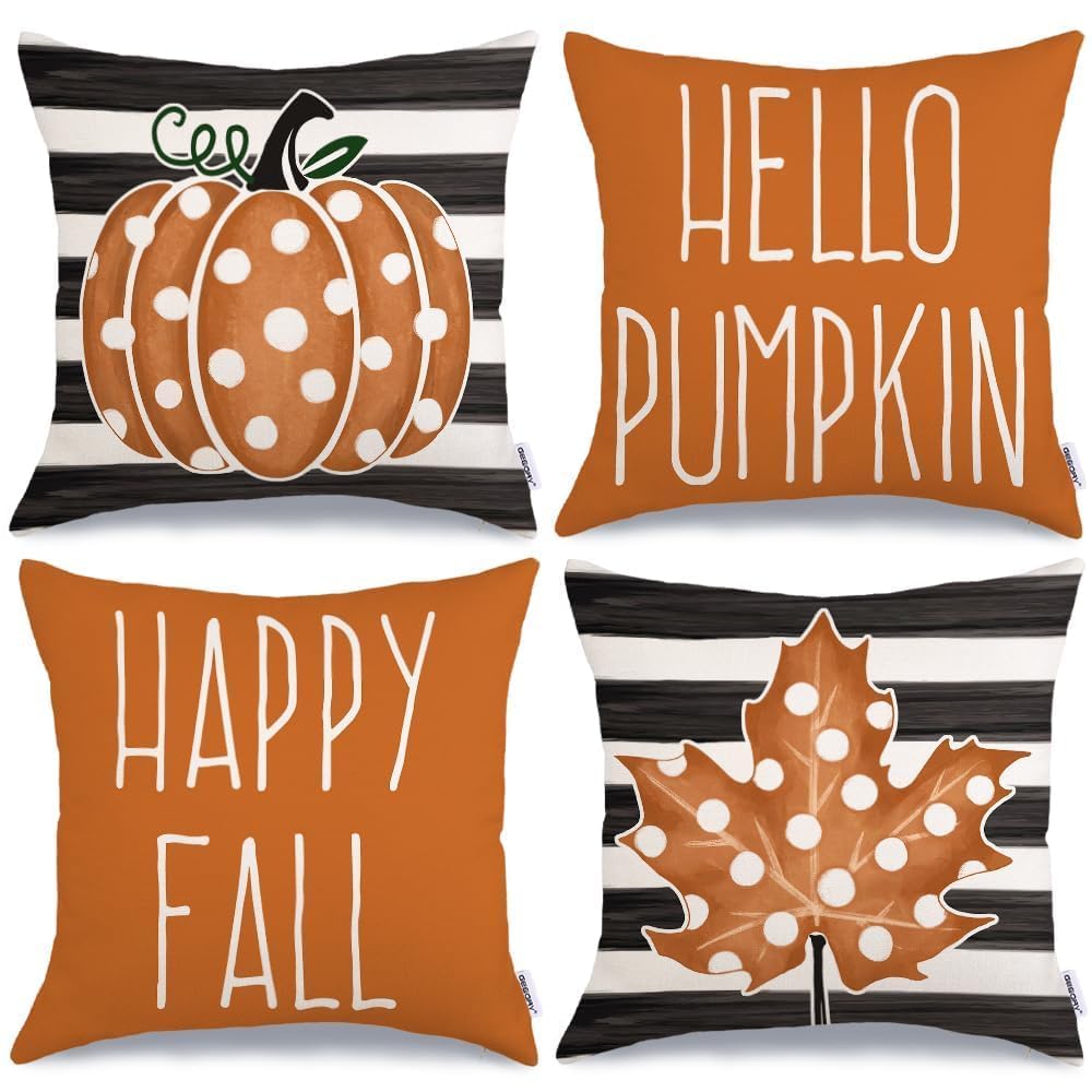 Photo 1 of GEEORY Happy Fall Pillow Covers 18x18 Set of 4, Polka Dots Pumpkin Maple Leaves Stripes Decorative Throw Pillows Farmhouse Thanksgiving Decorations Orange Cushion Case for Couch Sofa