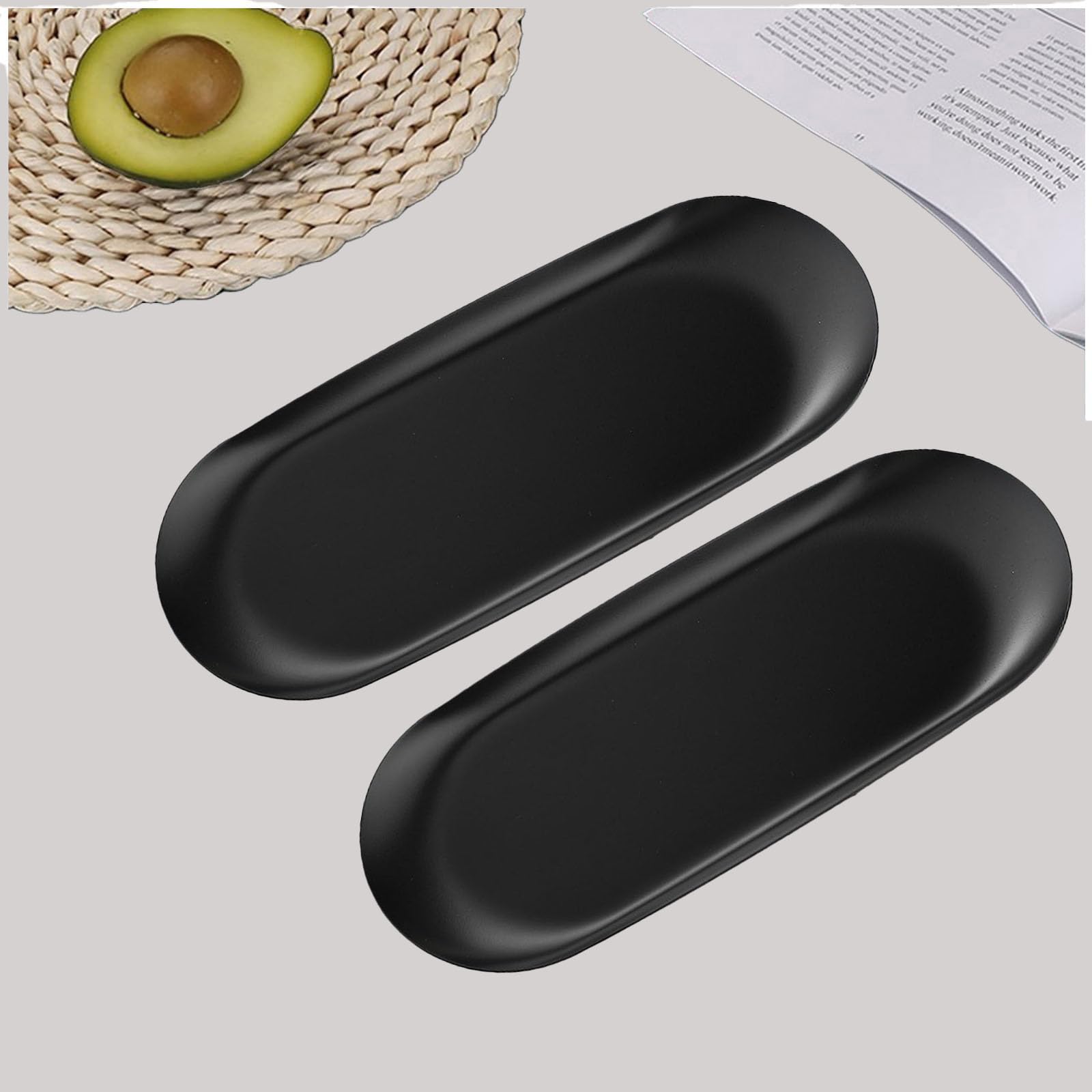 Photo 1 of [2pk] Decorative Tray, Perfume Bathroom Jewelry Vanity Mirror Candle Trinket Towel Pallet, Small Metal Stainless Steel Tray, Oval, XL 9 x 3.7 x 0.5 in (2BLACK-Tray-XL)