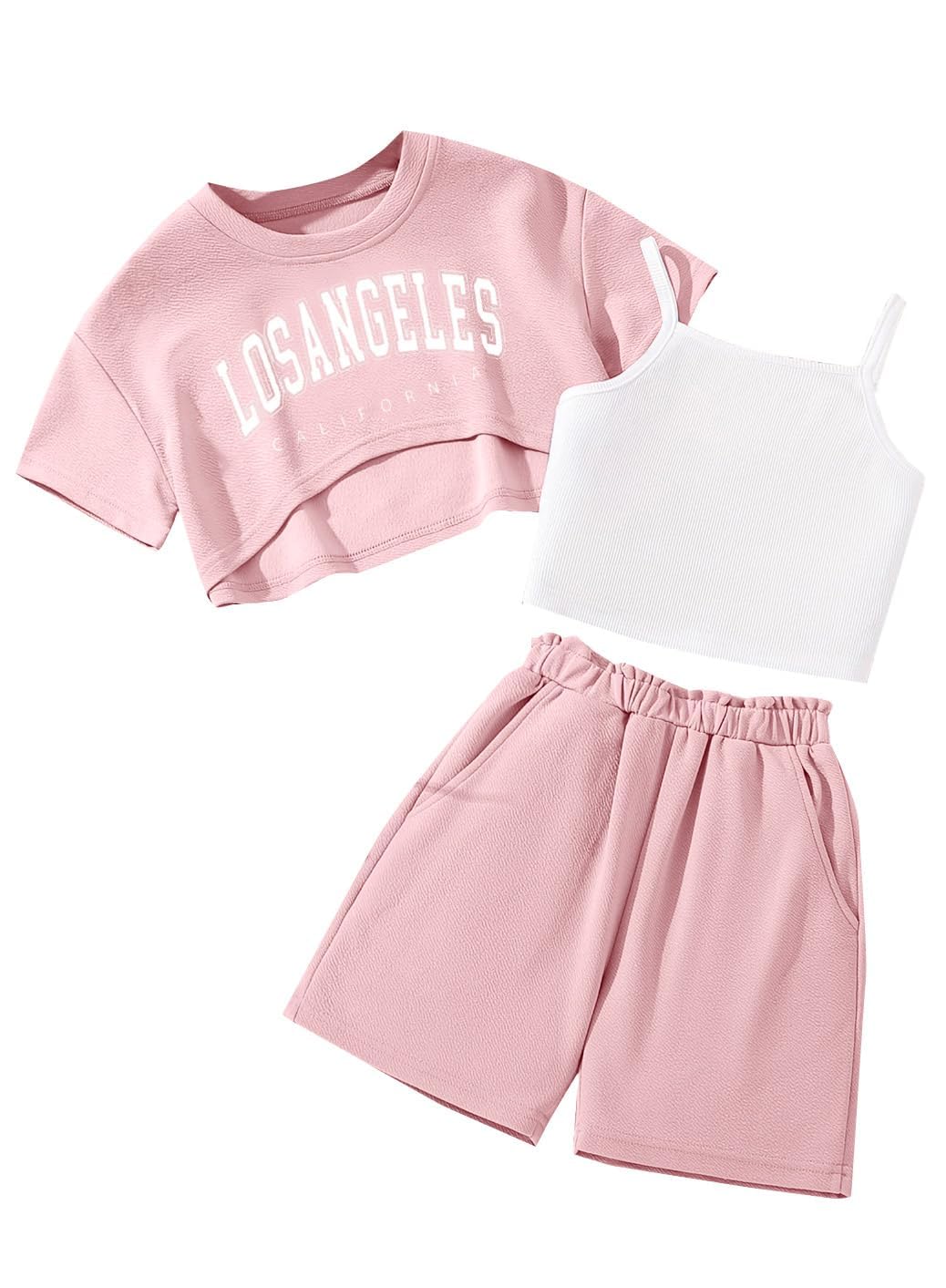Photo 1 of Ecolala Girl's Summer 3 Piece Outfits Graphic Short Sleeve Crop Top Cami and Shorts Clothes Set Pink 7-8Y
