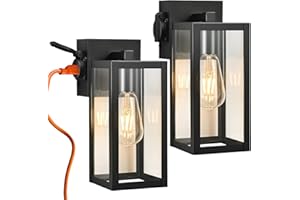 BRIGHTWE Outdoor Lights with Outlet, Wall Lantern Porch Light Fixtures Exterior Waterproof Wall Sconce, Clear Glass, Black Wall Lights for House Garage House Outside Garage, 2-Pack