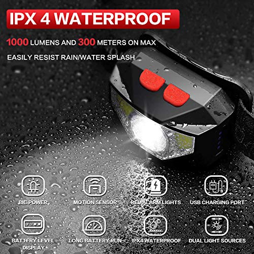 Rechargeable Headlamp, Motion Sensor LED Headlamp, 800 Lumens Ultra