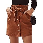 Susupeng Women Paperbag High Waist Elastic Belted Corduroy Button Front with Pockets Short Mini Skirt
