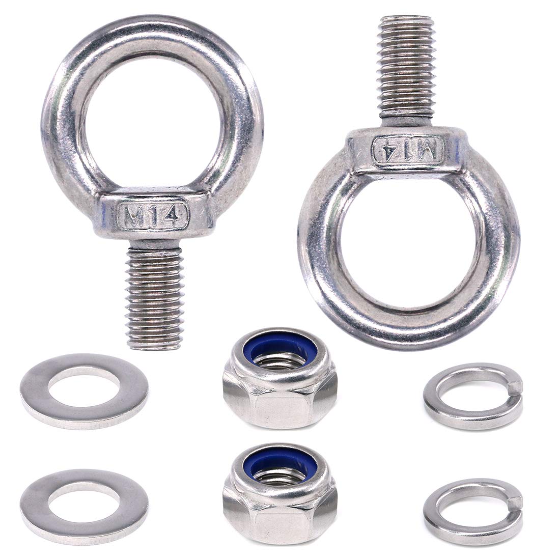 8Pcs 304 Stainless Steel M14 Male Thread Lifting Ring Eye Bolt Kit, Including 2Pcs M14 Eye Bolt with 2Pcs Lock Nuts, 2Pcs Lock Washers and 2Pcs Flat Washers