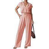 Pink Queen Jumpsuits for Women Dressy V Neck Short Sleeve Wide Leg Rompers Business Casual One Piece Outfits