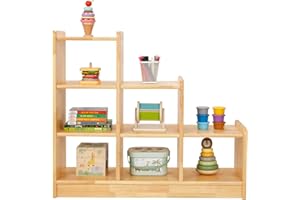 OOOK Rubber Wood 6 Cube Storage Organizer, Ladder Corner Shelf with Display Paltform, 3 Tier Kids Bookshelf and Toy Storage, 