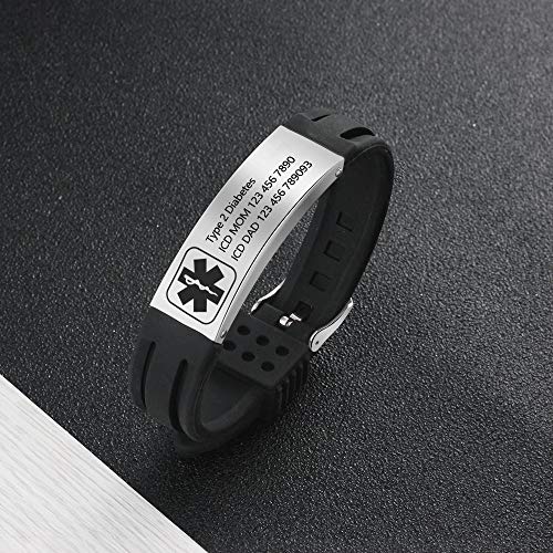 Lam Hub Fong Free Engraving 9 Inches Silicone Adjustable Medical Bracelets Sport Emergency ID Bracelets for Men Women Kids Waterproof Stainless Steel Rubber Alert Bracelets (Black) - Thumbnail 2