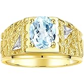 Rylos Men's Rings Designer Nugget Ring: Oval 9X7MM Gemstone & Sparkling Diamonds - Color Stone Birthstone Rings for Men, Yellow Gold Plated Silver Rings in Sizes 8-13. Mens Jewelry
