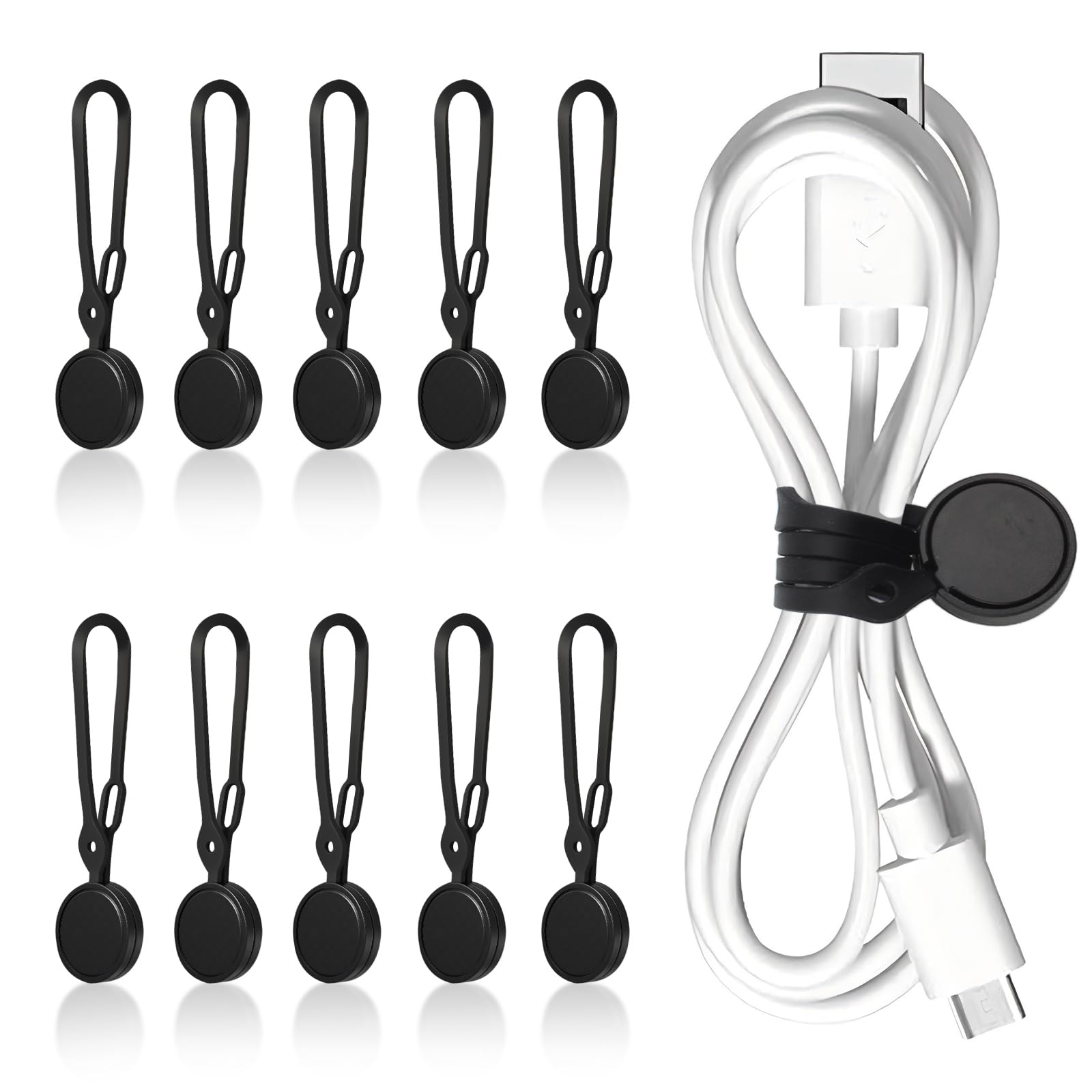 TamBee Magnetic Cable Ties Reusable Silicone Magnetic Cable Cord Ties Organiser Cable Straps Black Cable Ties for Earphone Phone Charger Audio Cable Computer (10Pcs, Black)