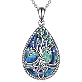 Tree of Life with Abalone Necklace 925 Sterling Silver Heart/Round/Pear Cut Abalone Family Celtic Tree Necklace with 18+2 Inch Chain
