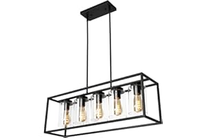 Z ZOSIMIO LIGHT Farmhouse Rectangle Modern Chandeliers with Glass Shade, Black Linear 5-Light Industrial Island Light Fixture for Kitchen, Dining Room, Bar, Pool Table (30''x10'')