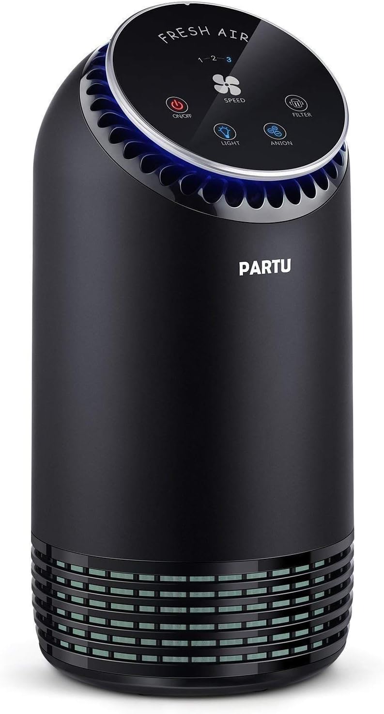 PARTU Air Purifier with HEPA Combination Filter and Activated Carbon Filter, Night Light in 7 Colours and Memory Function for Allergy Sufferers and Smokers